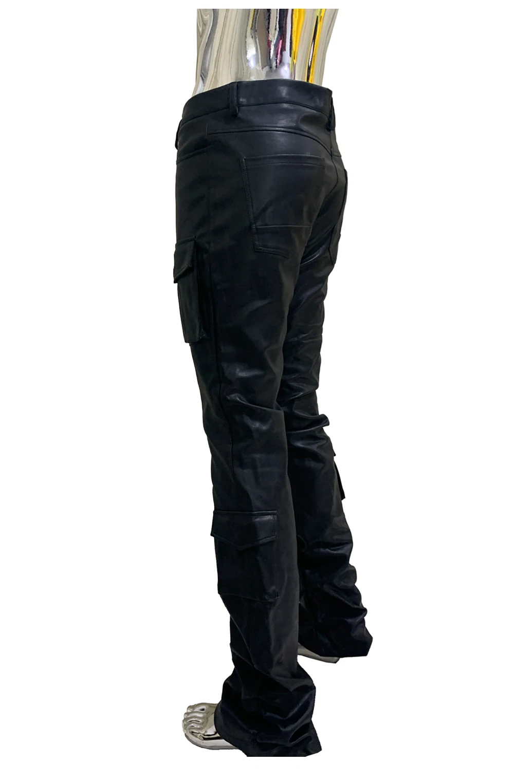 Spring Fitted Stretchy Soft Purple Stacked Pu Leather Cargo Pants Men Many Three-dimensional Pockets European Fashion Clothes