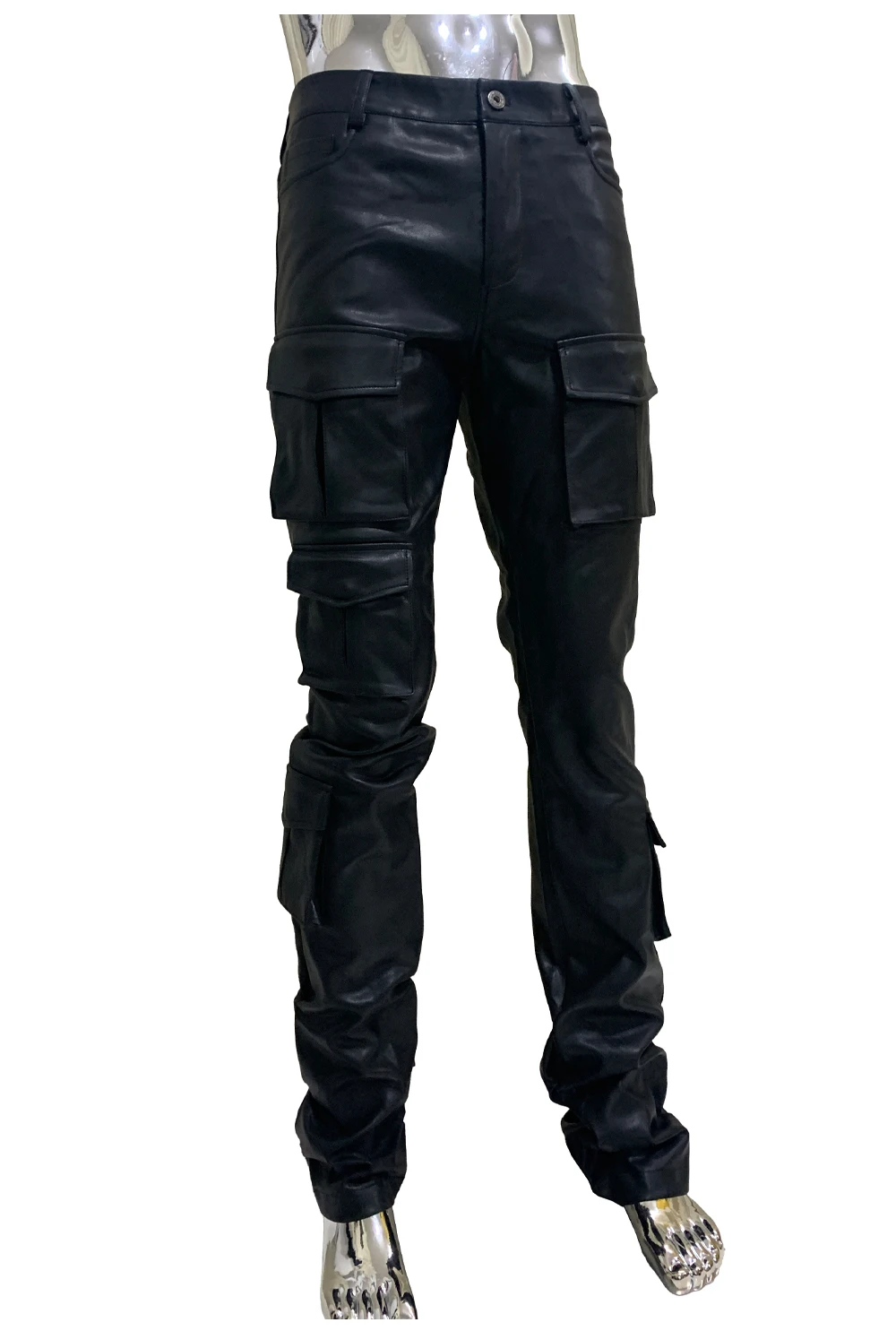 Spring Fitted Stretchy Soft Purple Stacked Pu Leather Cargo Pants Men Many Three-dimensional Pockets European Fashion Clothes