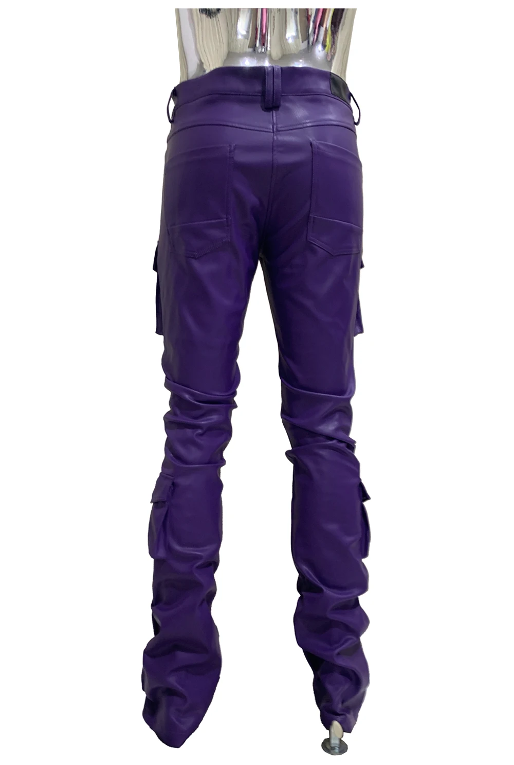 Spring Fitted Stretchy Soft Purple Stacked Pu Leather Cargo Pants Men Many Three-dimensional Pockets European Fashion Clothes