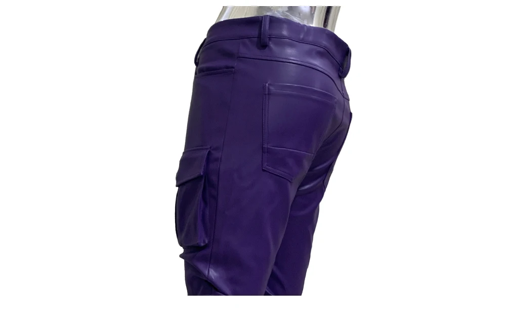 Spring Fitted Stretchy Soft Purple Stacked Pu Leather Cargo Pants Men Many Three-dimensional Pockets European Fashion Clothes