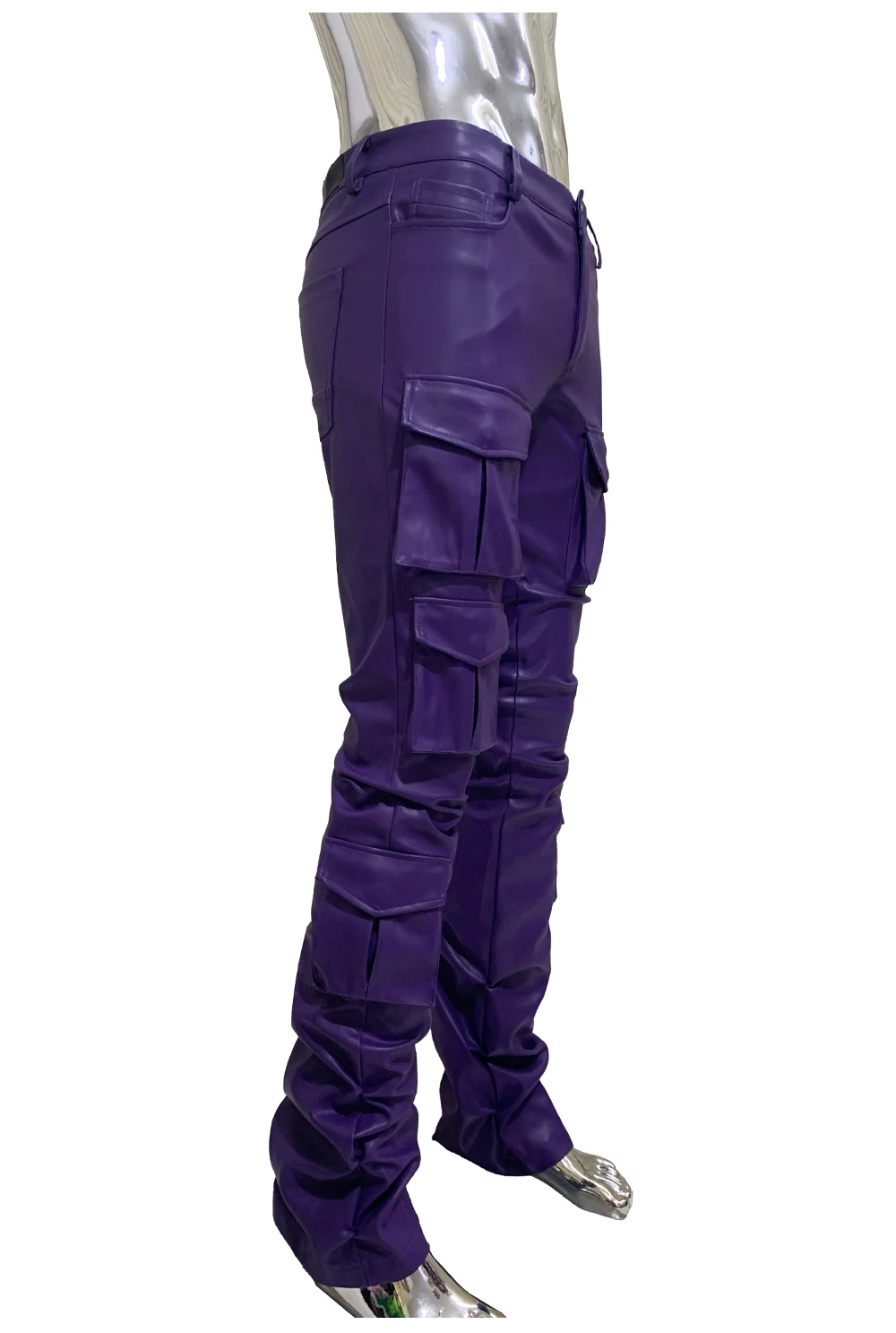 Spring Fitted Stretchy Soft Purple Stacked Pu Leather Cargo Pants Men Many Three-dimensional Pockets European Fashion Clothes