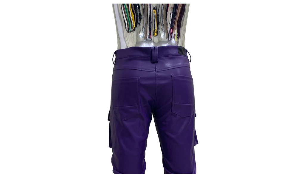 Spring Fitted Stretchy Soft Purple Stacked Pu Leather Cargo Pants Men Many Three-dimensional Pockets European Fashion Clothes