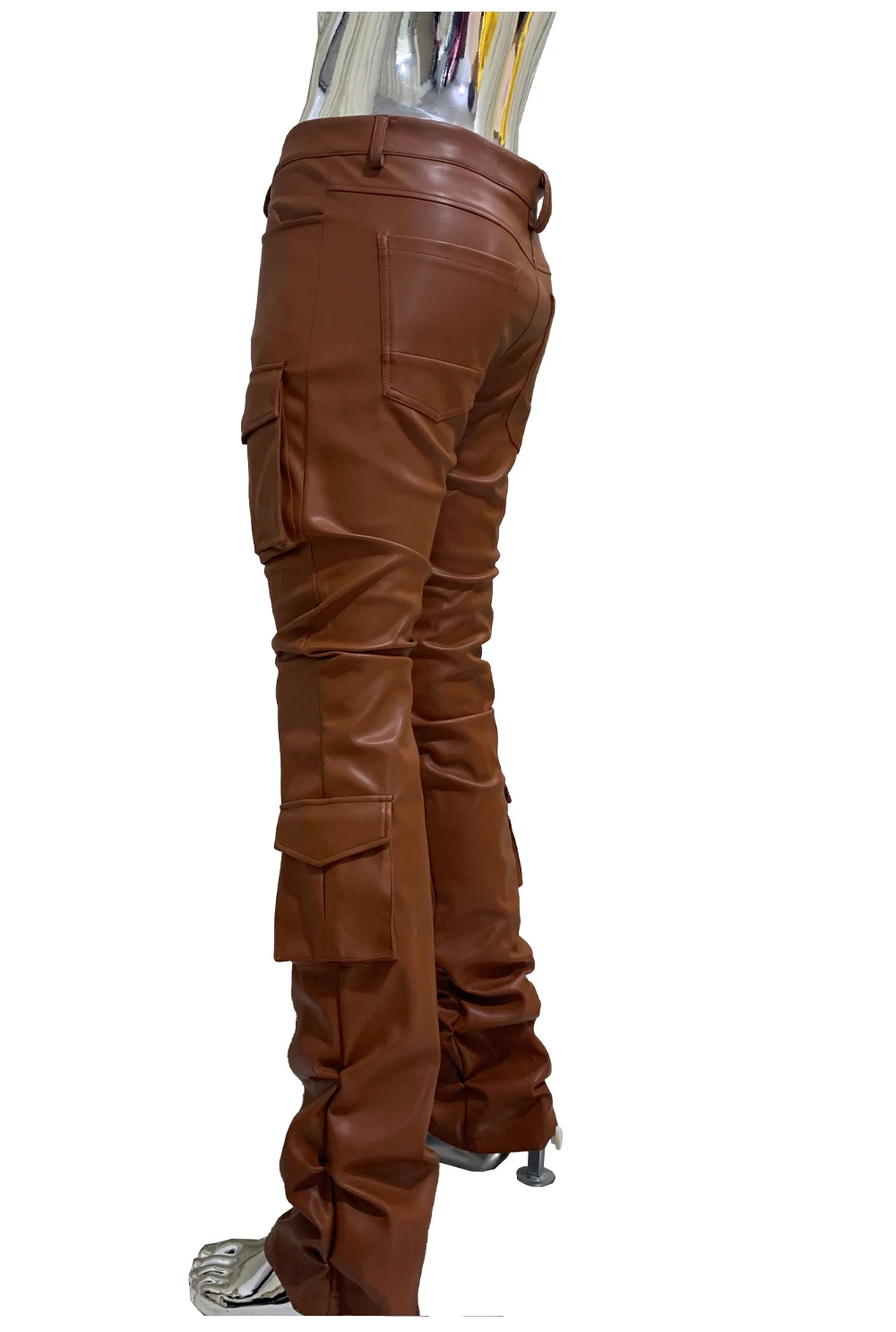 Spring Fitted Stretchy Soft Purple Stacked Pu Leather Cargo Pants Men Many Three-dimensional Pockets European Fashion Clothes