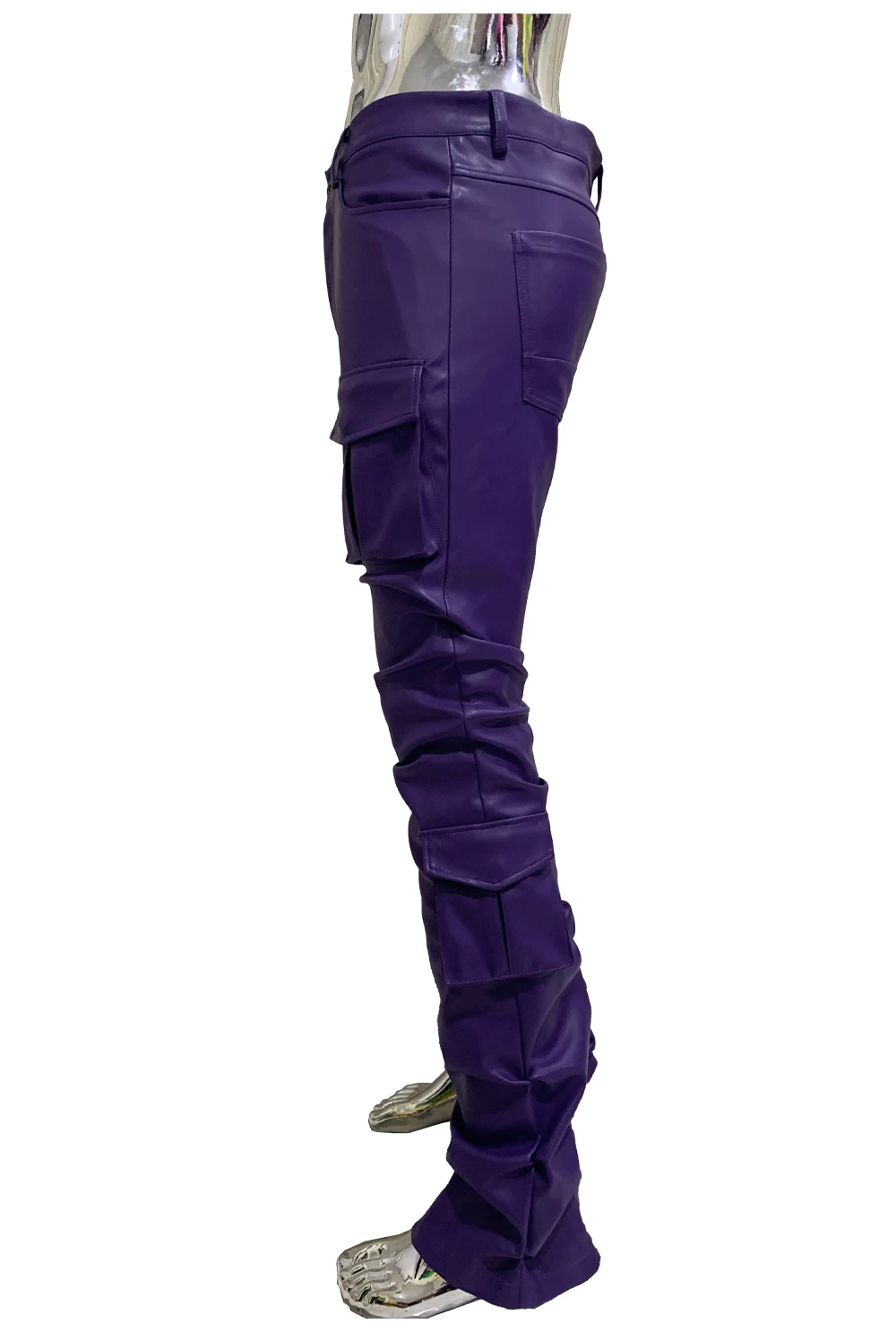 Spring Fitted Stretchy Soft Purple Stacked Pu Leather Cargo Pants Men Many Three-dimensional Pockets European Fashion Clothes