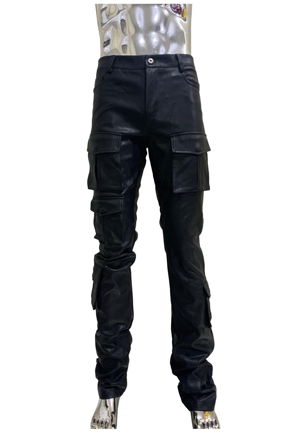 Spring Fitted Stretchy Soft Purple Stacked Pu Leather Cargo Pants Men Many Three-dimensional Pockets European Fashion Clothes