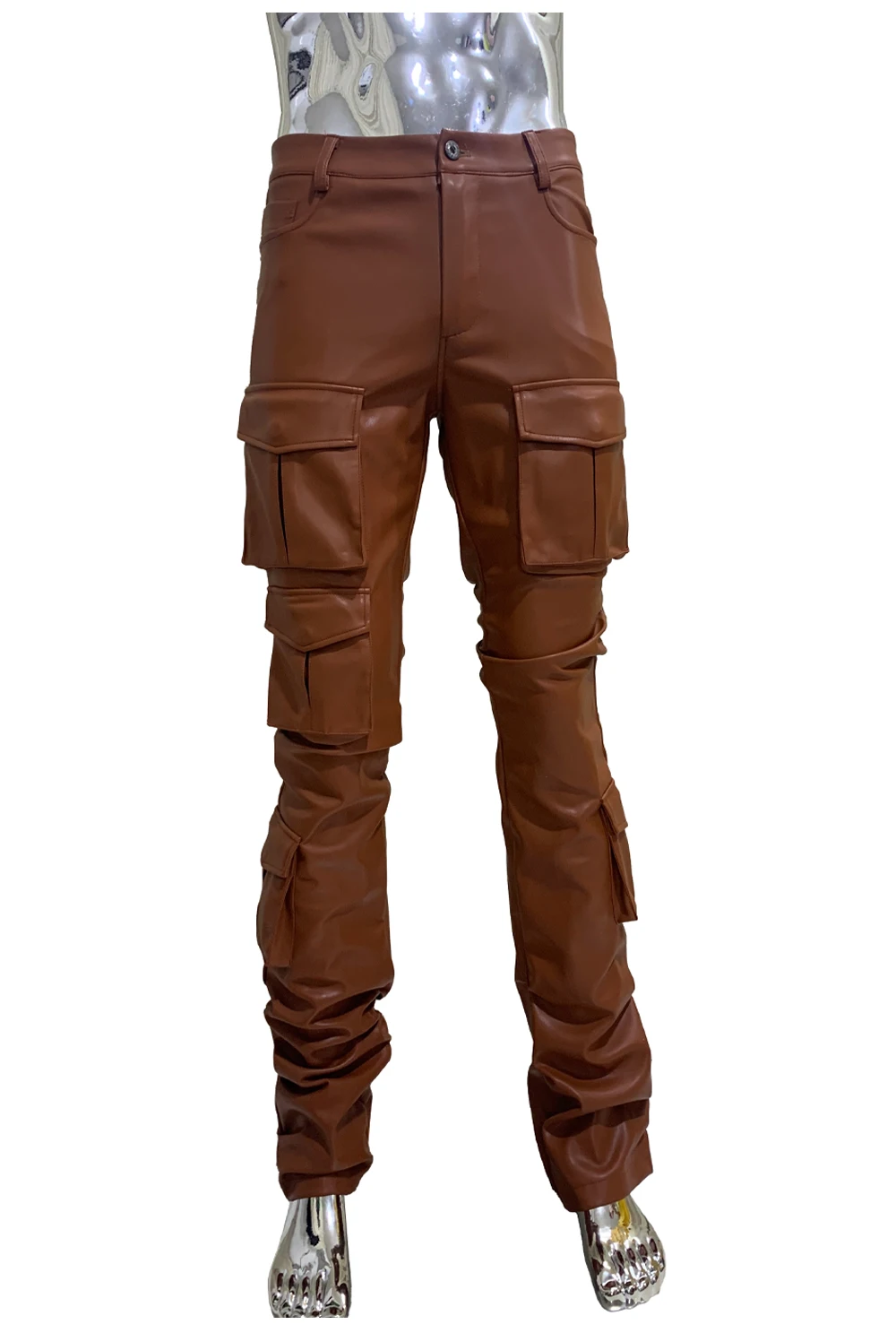 Spring Fitted Stretchy Soft Purple Stacked Pu Leather Cargo Pants Men Many Three-dimensional Pockets European Fashion Clothes