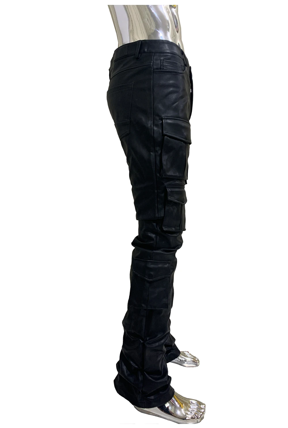 Spring Fitted Stretchy Soft Purple Stacked Pu Leather Cargo Pants Men Many Three-dimensional Pockets European Fashion Clothes