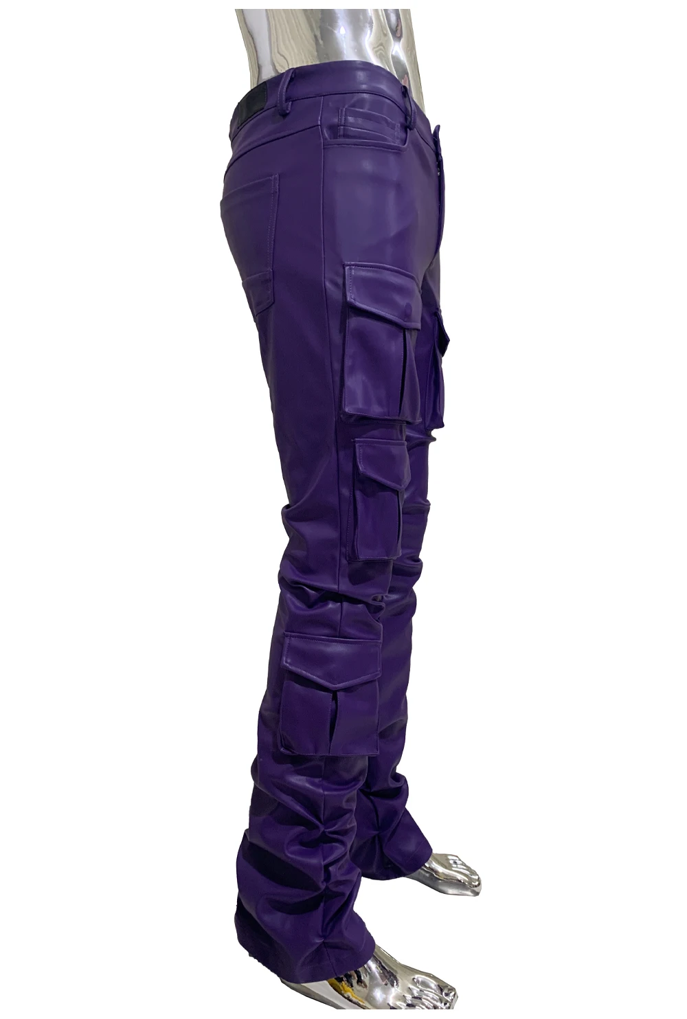 Spring Fitted Stretchy Soft Purple Stacked Pu Leather Cargo Pants Men Many Three-dimensional Pockets European Fashion Clothes