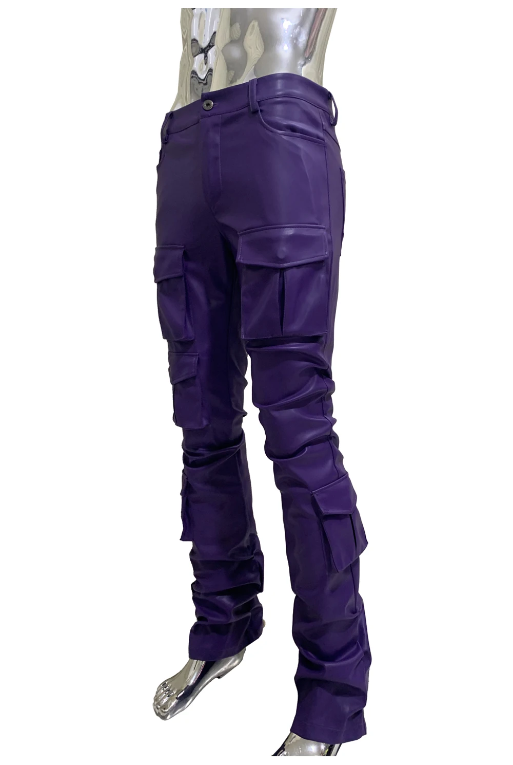 Spring Fitted Stretchy Soft Purple Stacked Pu Leather Cargo Pants Men Many Three-dimensional Pockets European Fashion Clothes