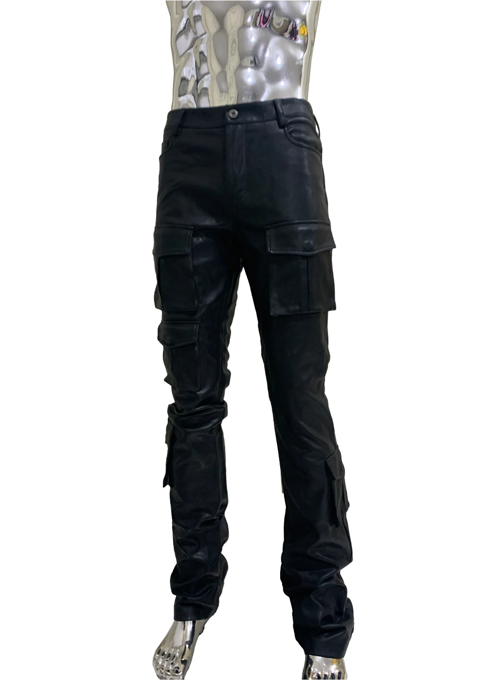Spring Fitted Stretchy Soft Purple Stacked Pu Leather Cargo Pants Men Many Three-dimensional Pockets European Fashion Clothes
