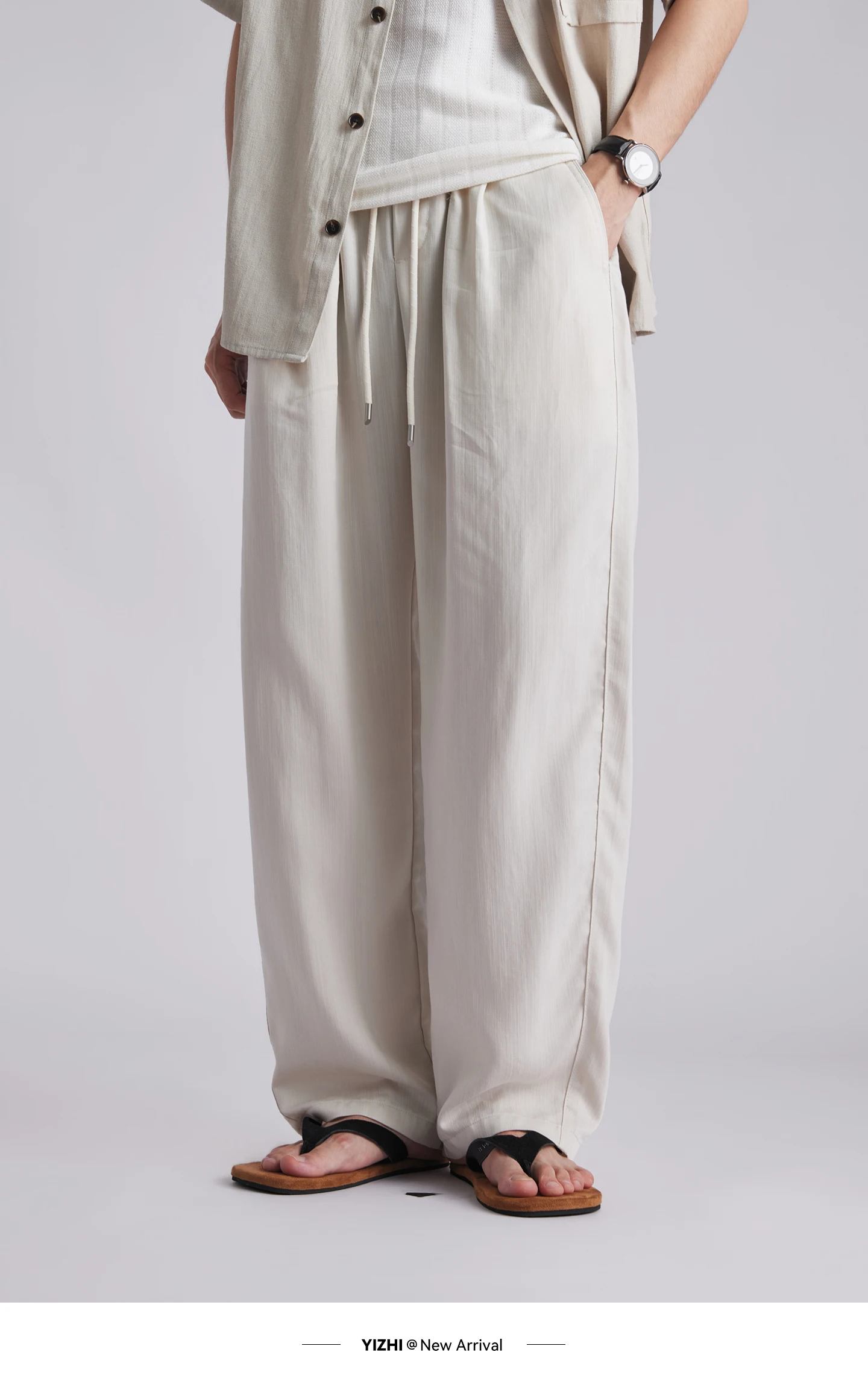 Fashion Men's Lyocell Ice Silk Draped Curved Casual Pants 2026 Summer Solid Loose Breathable Commuter Wide Leg Trousers