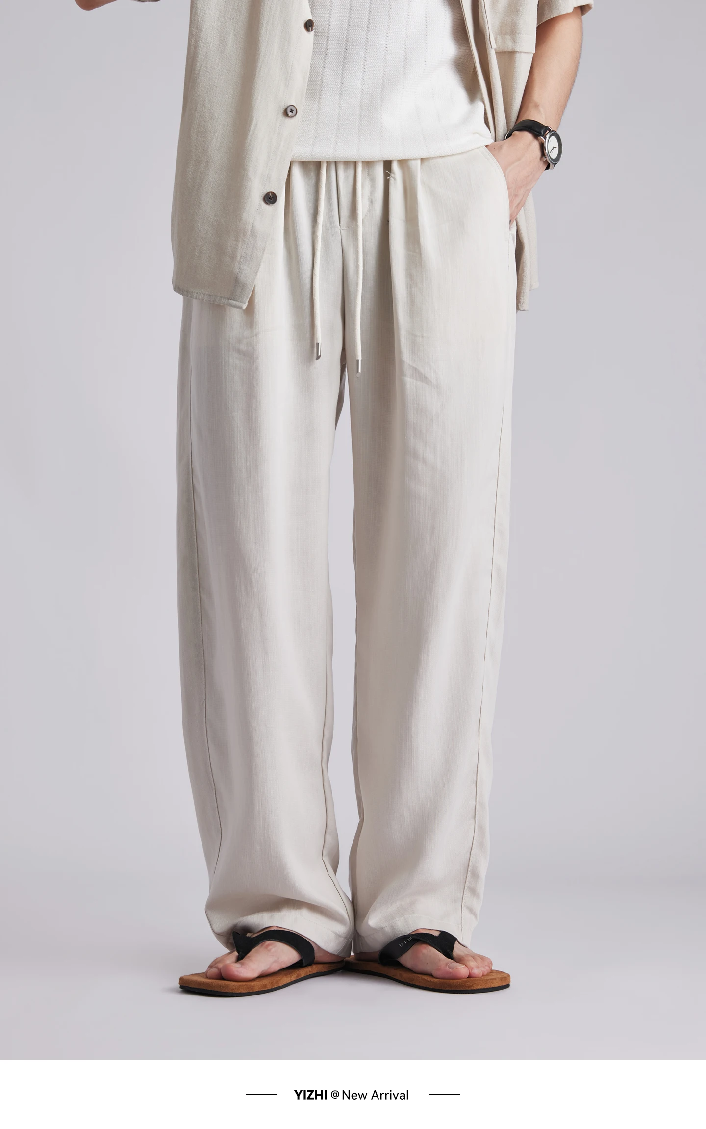Fashion Men's Lyocell Ice Silk Draped Curved Casual Pants 2026 Summer Solid Loose Breathable Commuter Wide Leg Trousers