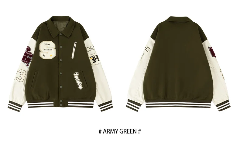 Men's Letterman Jacket Vintage Varsity Coat Patchwork Baseball Streetwear Outerwear with Faux Leather Sleeves & Fine Embroidery