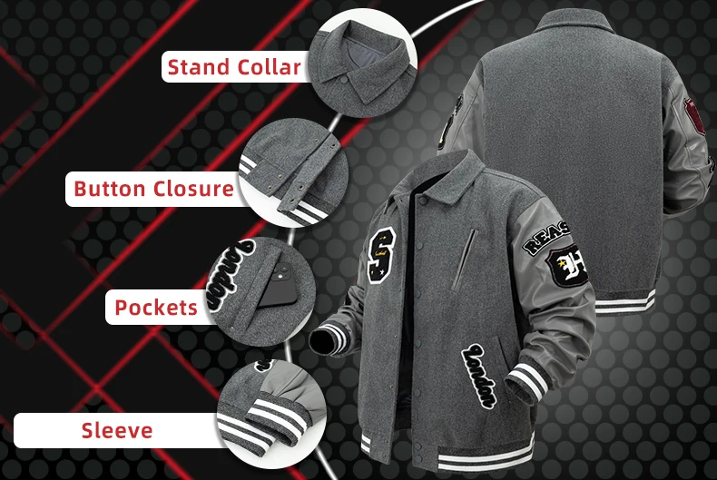 Men's Letterman Jacket Vintage Varsity Coat Patchwork Baseball Streetwear Outerwear with Faux Leather Sleeves & Fine Embroidery