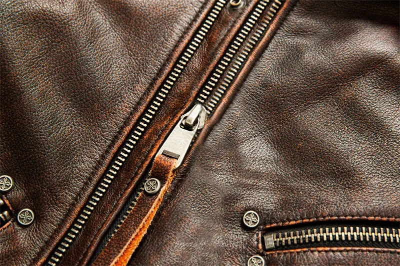Men's Natural Leather Motorcycle Jacket Top Layer Cowhide Biker Jacket Retro Moto Suit Stone Milled Large Size Leather Jacket