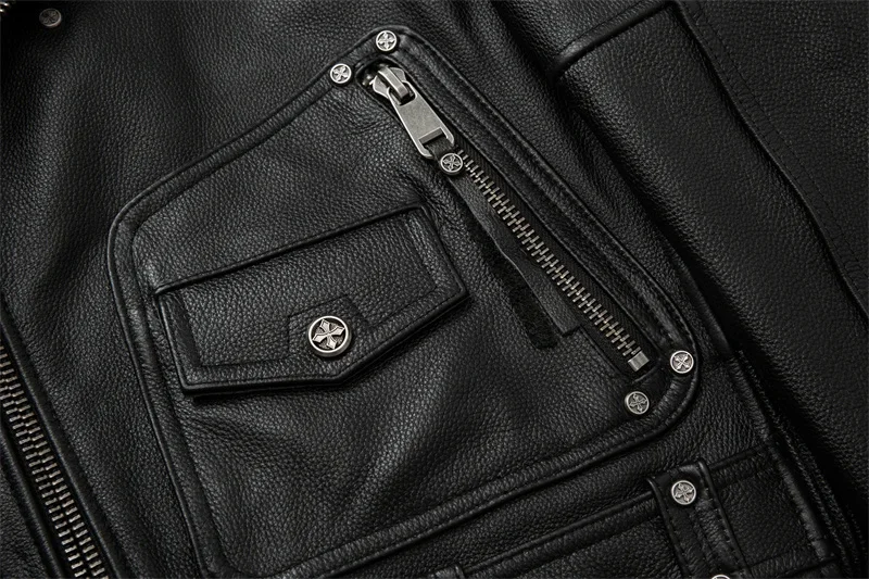 Men's Natural Leather Motorcycle Jacket Top Layer Cowhide Biker Jacket Retro Moto Suit Stone Milled Large Size Leather Jacket