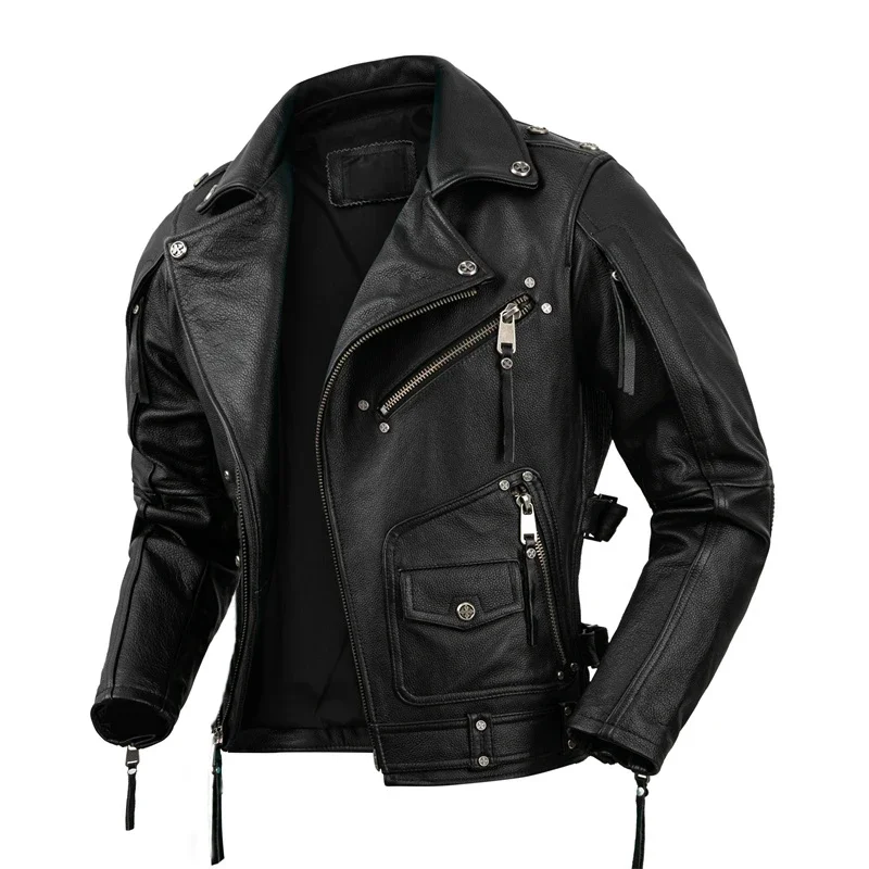 Men's Natural Leather Motorcycle Jacket Top Layer Cowhide Biker Jacket Retro Moto Suit Stone Milled Large Size Leather Jacket