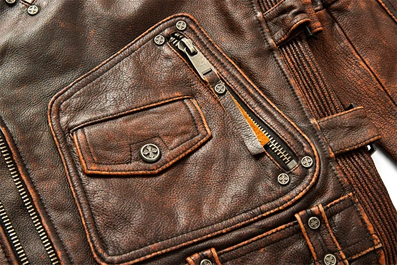Men's Natural Leather Motorcycle Jacket Top Layer Cowhide Biker Jacket Retro Moto Suit Stone Milled Large Size Leather Jacket