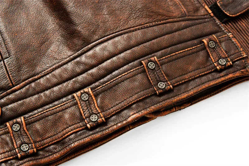 Men's Natural Leather Motorcycle Jacket Top Layer Cowhide Biker Jacket Retro Moto Suit Stone Milled Large Size Leather Jacket