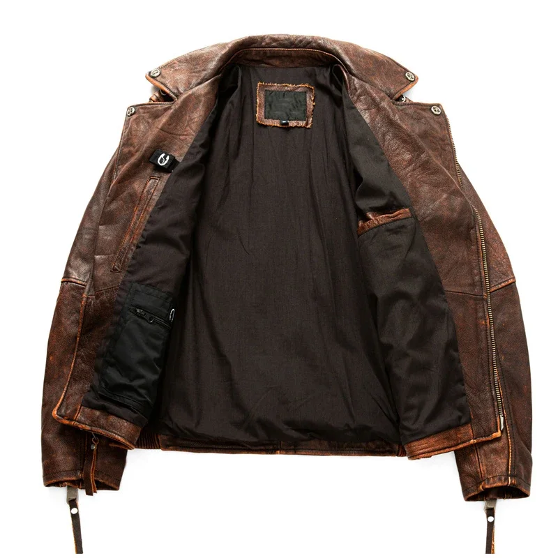 Men's Natural Leather Motorcycle Jacket Top Layer Cowhide Biker Jacket Retro Moto Suit Stone Milled Large Size Leather Jacket