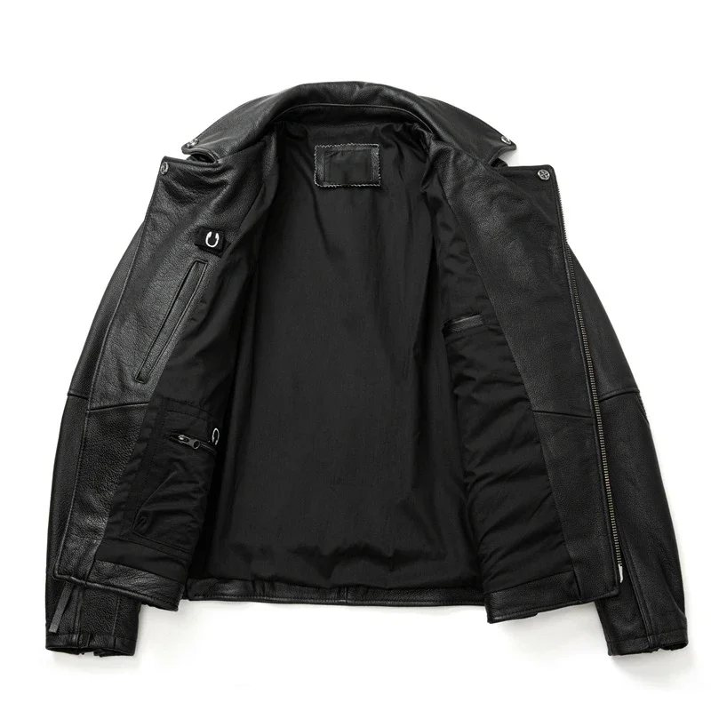 Men's Natural Leather Motorcycle Jacket Top Layer Cowhide Biker Jacket Retro Moto Suit Stone Milled Large Size Leather Jacket