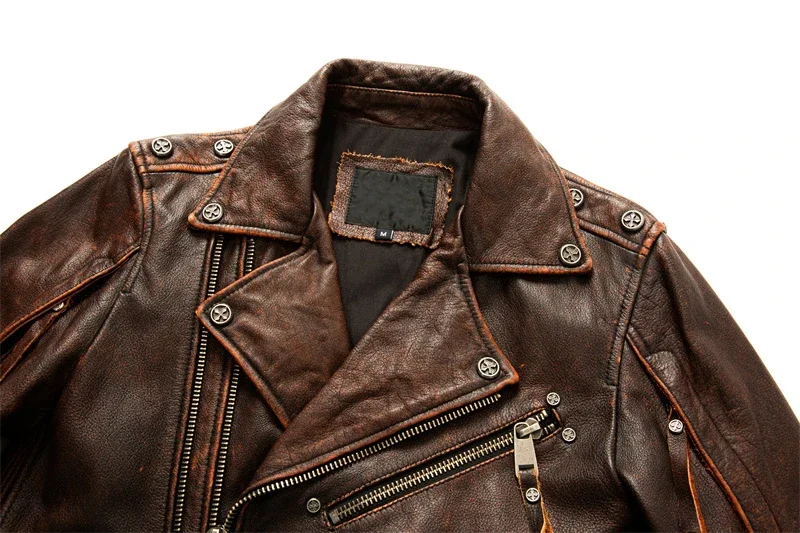 Men's Natural Leather Motorcycle Jacket Top Layer Cowhide Biker Jacket Retro Moto Suit Stone Milled Large Size Leather Jacket