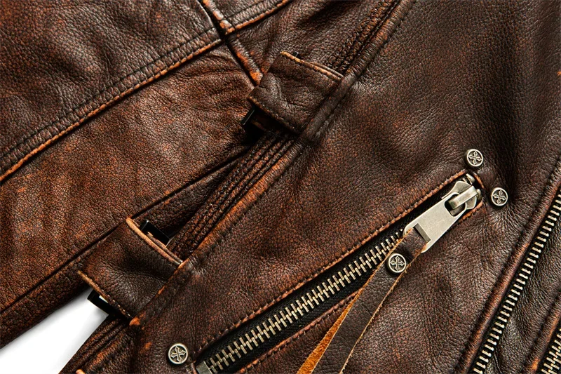 Men's Natural Leather Motorcycle Jacket Top Layer Cowhide Biker Jacket Retro Moto Suit Stone Milled Large Size Leather Jacket