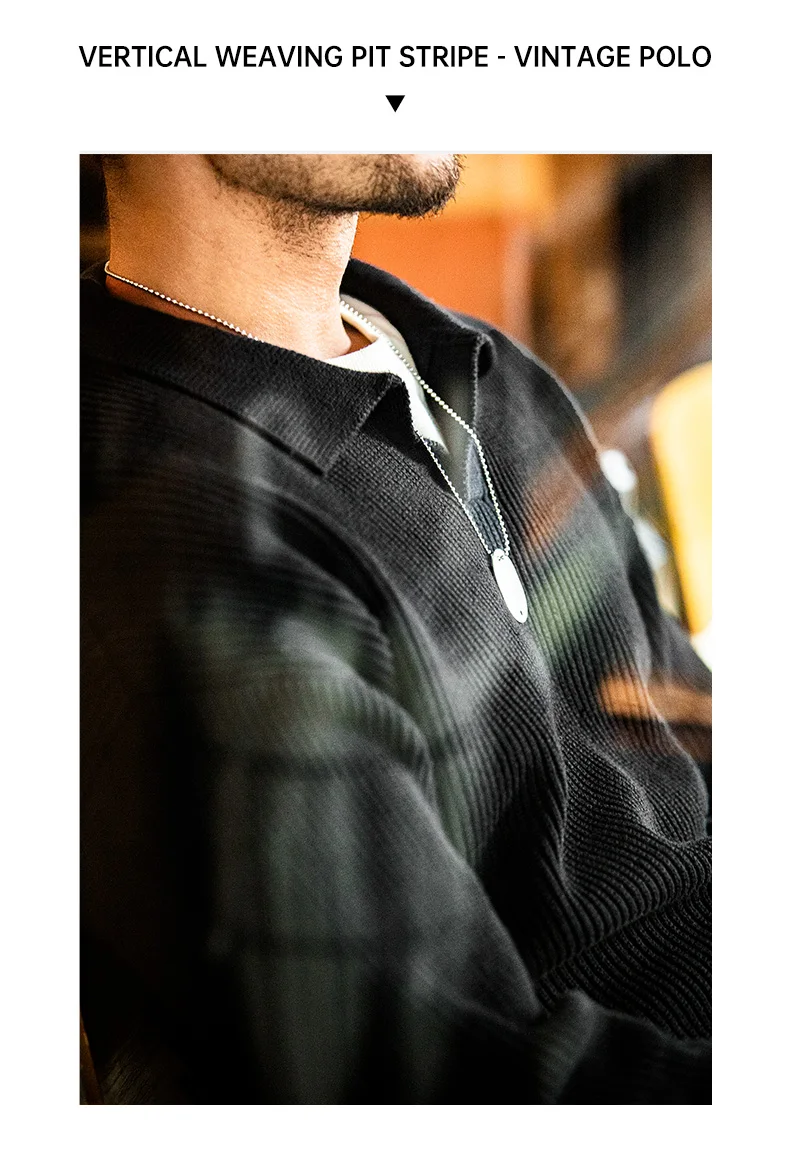 Maden Retro Polo Neck Knit Vertical Woven Polo Shirt Lazy Pullover Sweater Men's Autumn and Winter Lapel Soft Warm