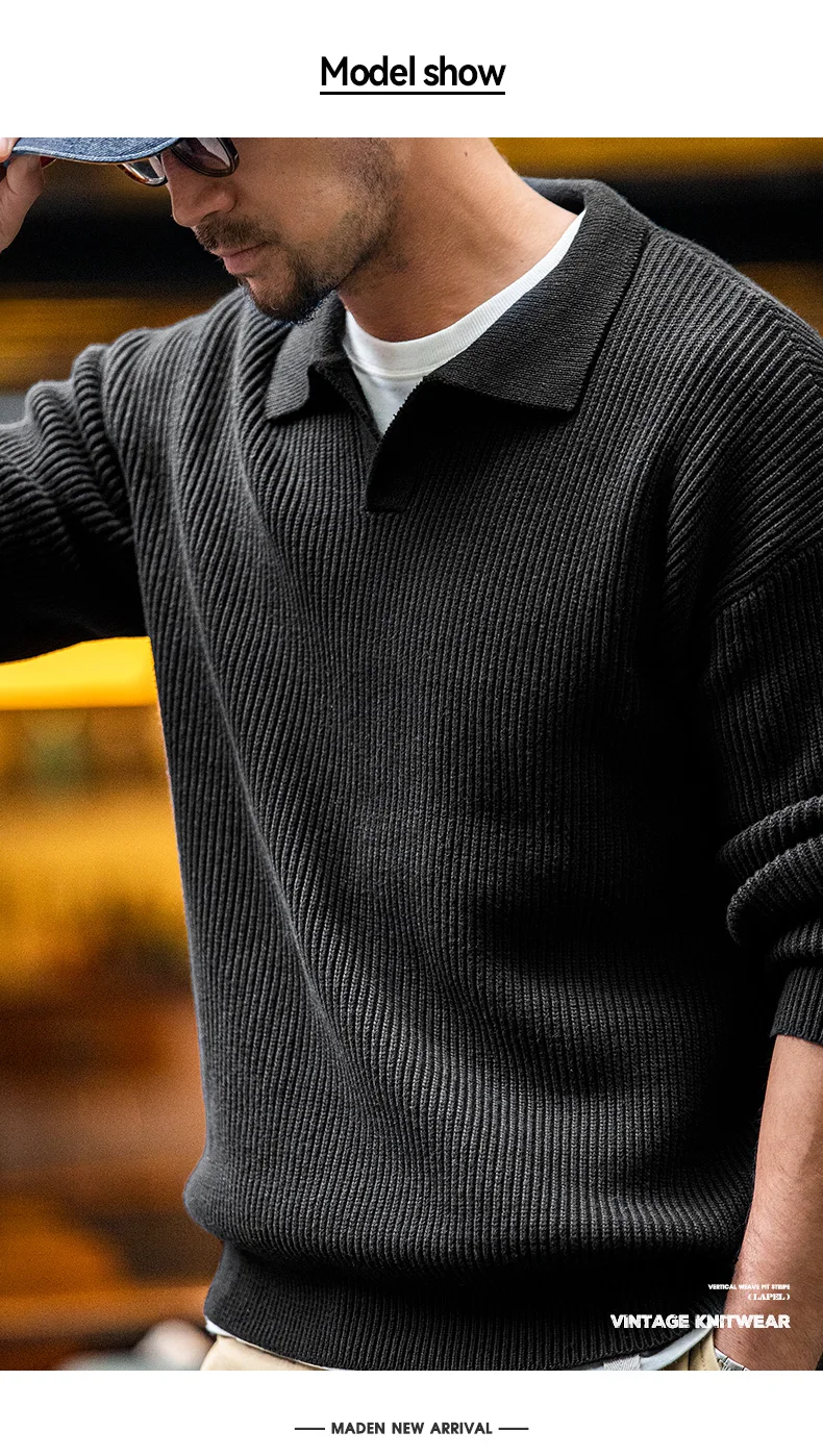 Maden Retro Polo Neck Knit Vertical Woven Polo Shirt Lazy Pullover Sweater Men's Autumn and Winter Lapel Soft Warm