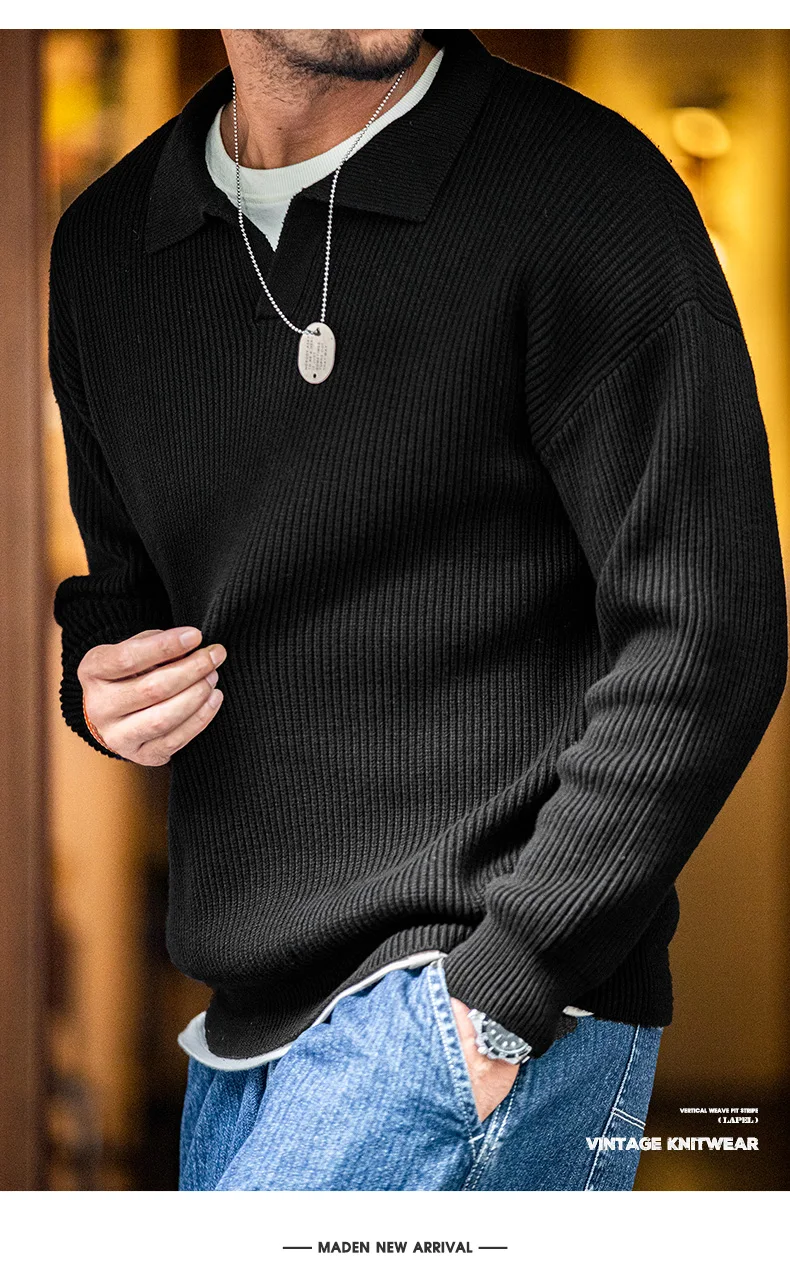 Maden Retro Polo Neck Knit Vertical Woven Polo Shirt Lazy Pullover Sweater Men's Autumn and Winter Lapel Soft Warm