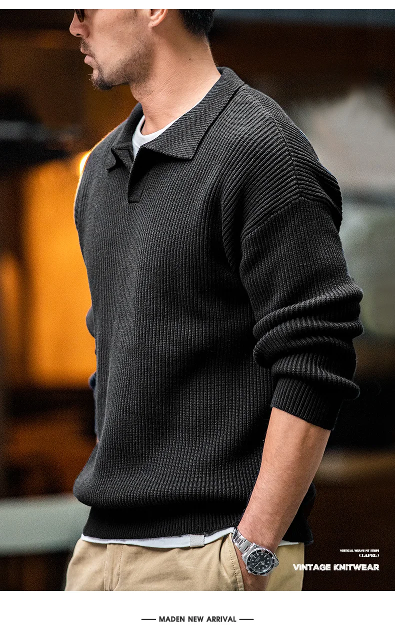 Maden Retro Polo Neck Knit Vertical Woven Polo Shirt Lazy Pullover Sweater Men's Autumn and Winter Lapel Soft Warm