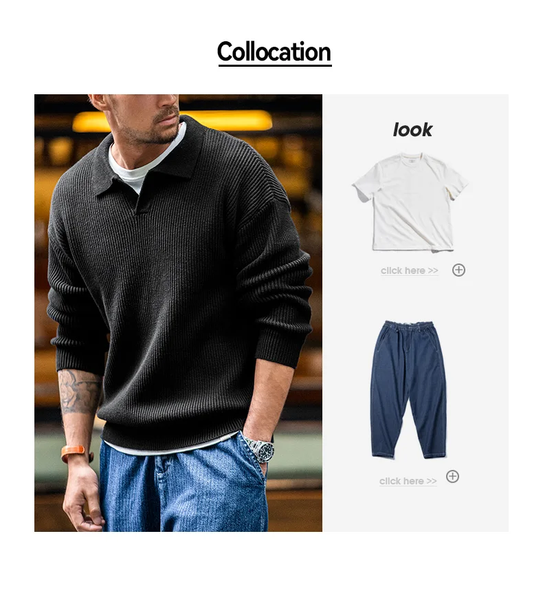 Maden Retro Polo Neck Knit Vertical Woven Polo Shirt Lazy Pullover Sweater Men's Autumn and Winter Lapel Soft Warm