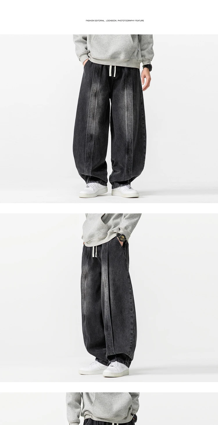2025 New Vintage Harem Pants Men Loose Hip Hop Denim Wide Leg Pants Mens Straight Oversized Fashion Jeans Elastic Waist Trousers