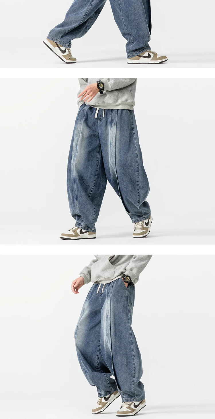 2025 New Vintage Harem Pants Men Loose Hip Hop Denim Wide Leg Pants Mens Straight Oversized Fashion Jeans Elastic Waist Trousers