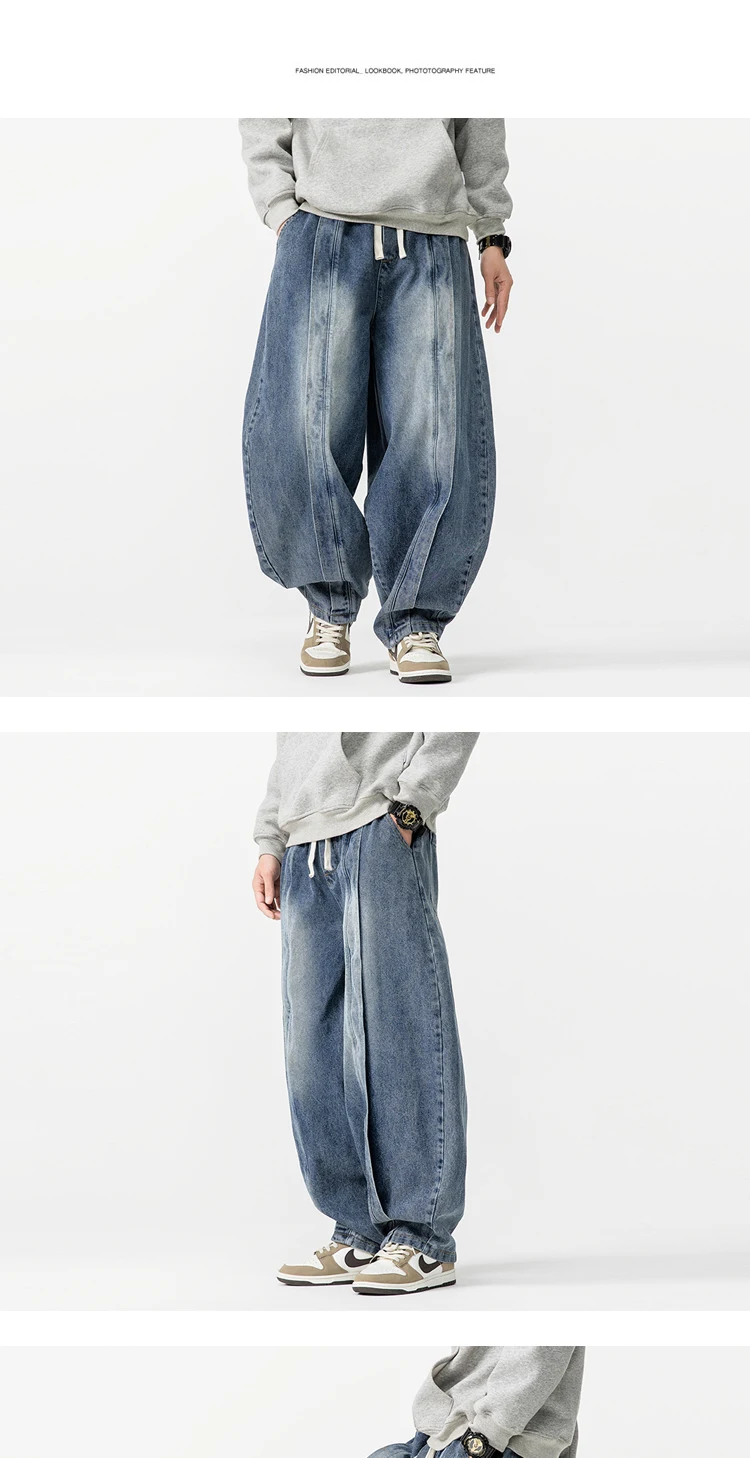 2025 New Vintage Harem Pants Men Loose Hip Hop Denim Wide Leg Pants Mens Straight Oversized Fashion Jeans Elastic Waist Trousers