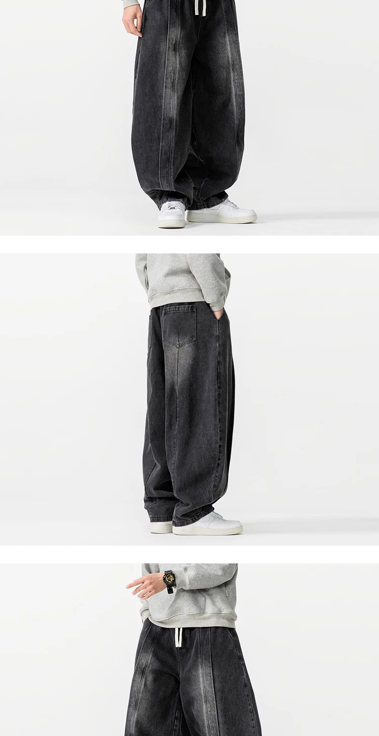 2025 New Vintage Harem Pants Men Loose Hip Hop Denim Wide Leg Pants Mens Straight Oversized Fashion Jeans Elastic Waist Trousers