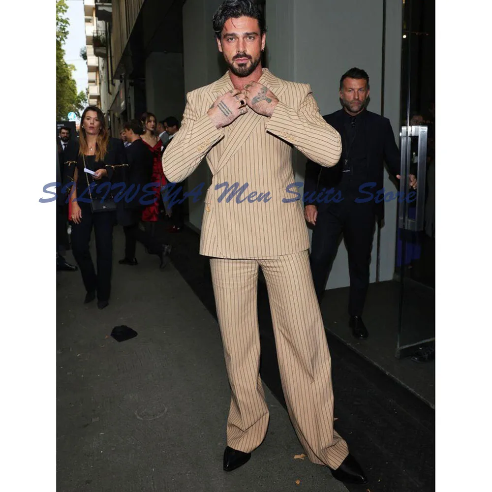 Fashion Men Suits 2 Pieces Jacket Pants Grid High Quality Banquet Celebrity Peak Lapel Classic Male Clothing Simple Stylish
