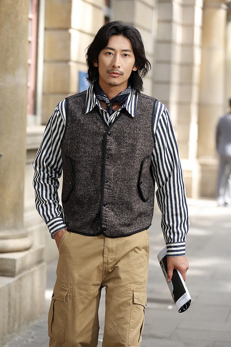 0302 America Style Good Quality Striped Shirt Men Spring Fall Fashion 100% Cotton Long Sleeve Loose Casual Cargo Lapel Blouses