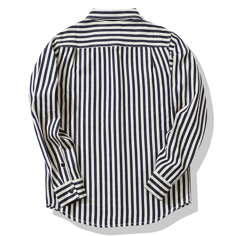 0302 America Style Good Quality Striped Shirt Men Spring Fall Fashion 100% Cotton Long Sleeve Loose Casual Cargo Lapel Blouses