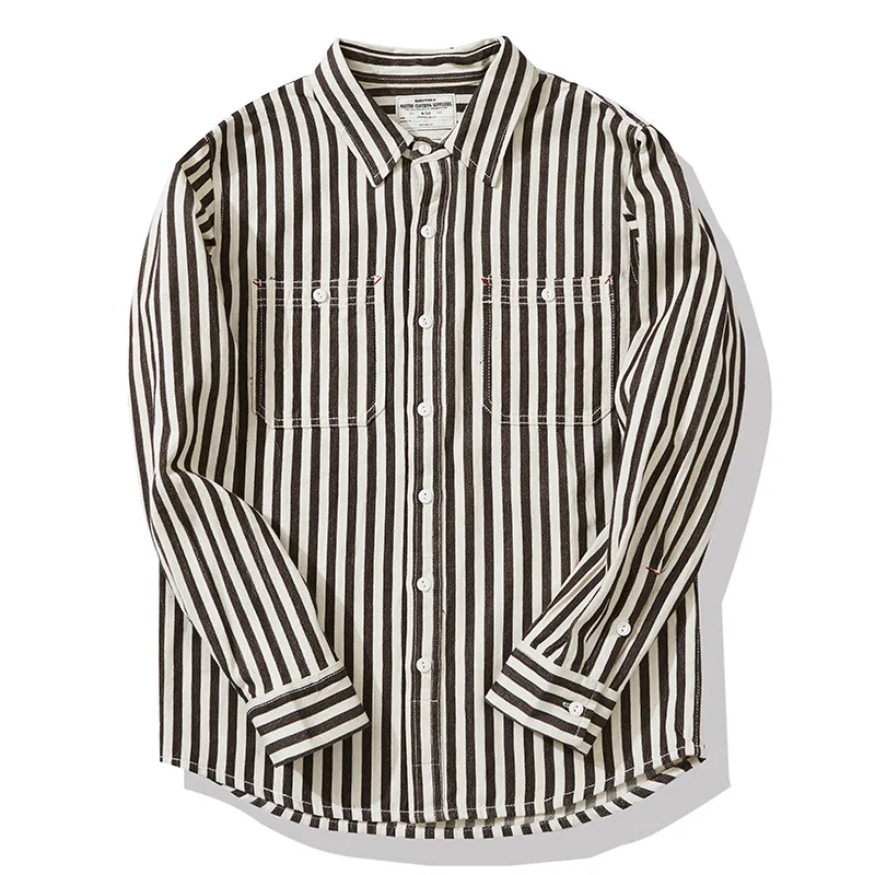 0302 America Style Good Quality Striped Shirt Men Spring Fall Fashion 100% Cotton Long Sleeve Loose Casual Cargo Lapel Blouses
