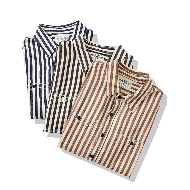 0302 America Style Good Quality Striped Shirt Men Spring Fall Fashion 100% Cotton Long Sleeve Loose Casual Cargo Lapel Blouses
