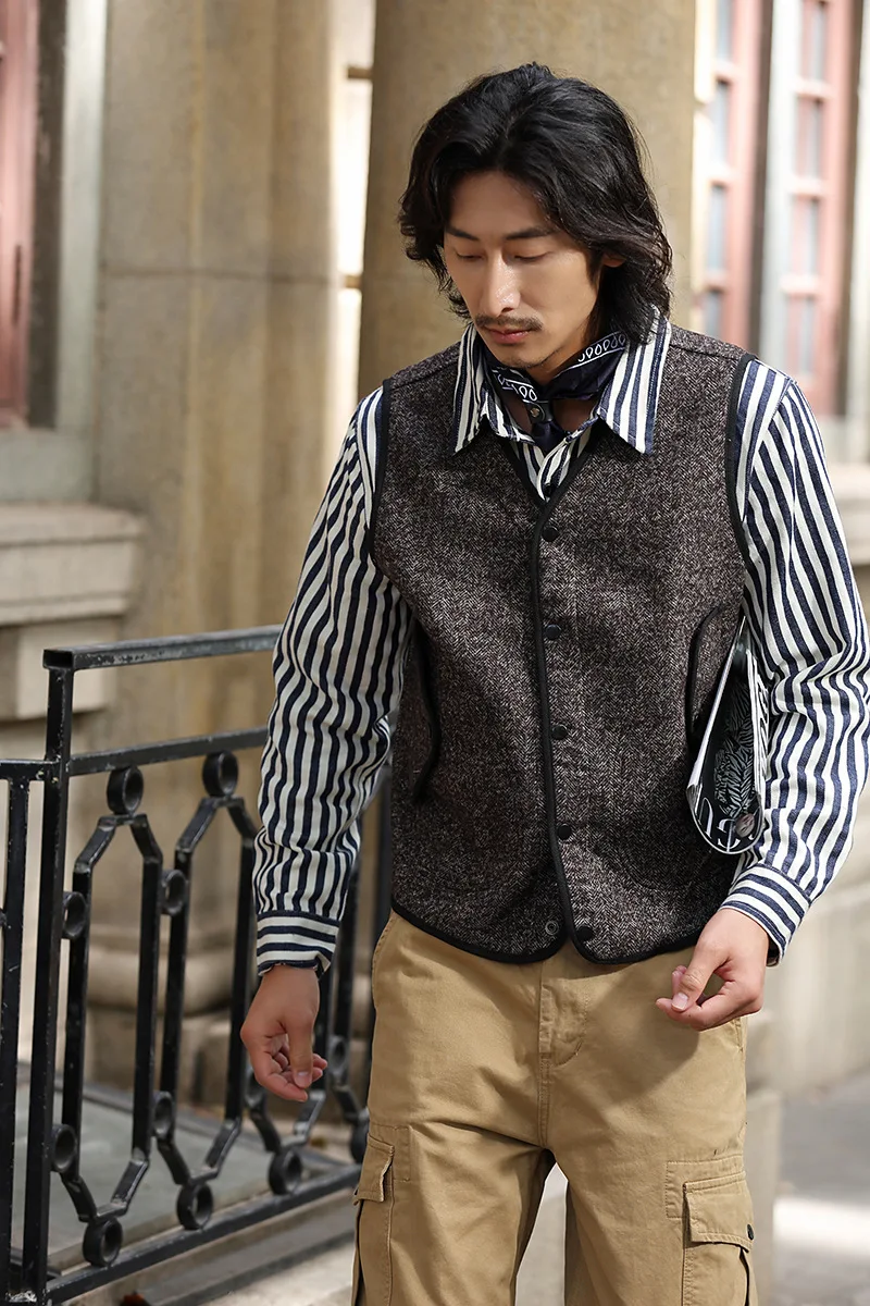 0302 America Style Good Quality Striped Shirt Men Spring Fall Fashion 100% Cotton Long Sleeve Loose Casual Cargo Lapel Blouses