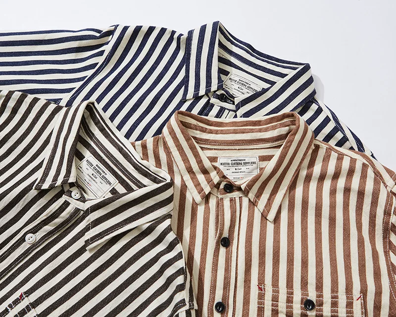 0302 America Style Good Quality Striped Shirt Men Spring Fall Fashion 100% Cotton Long Sleeve Loose Casual Cargo Lapel Blouses