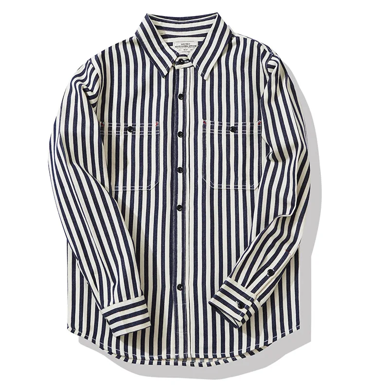 0302 America Style Good Quality Striped Shirt Men Spring Fall Fashion 100% Cotton Long Sleeve Loose Casual Cargo Lapel Blouses