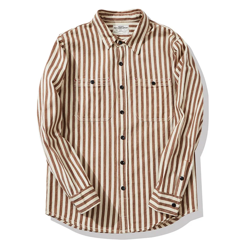 0302 America Style Good Quality Striped Shirt Men Spring Fall Fashion 100% Cotton Long Sleeve Loose Casual Cargo Lapel Blouses