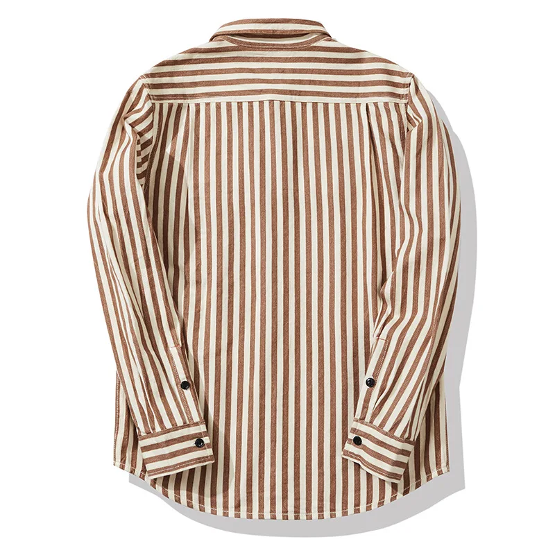 0302 America Style Good Quality Striped Shirt Men Spring Fall Fashion 100% Cotton Long Sleeve Loose Casual Cargo Lapel Blouses