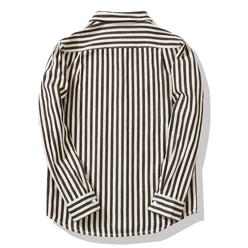 0302 America Style Good Quality Striped Shirt Men Spring Fall Fashion 100% Cotton Long Sleeve Loose Casual Cargo Lapel Blouses