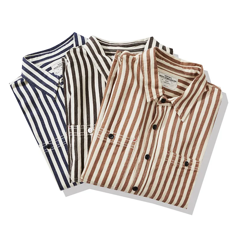 0302 America Style Good Quality Striped Shirt Men Spring Fall Fashion 100% Cotton Long Sleeve Loose Casual Cargo Lapel Blouses