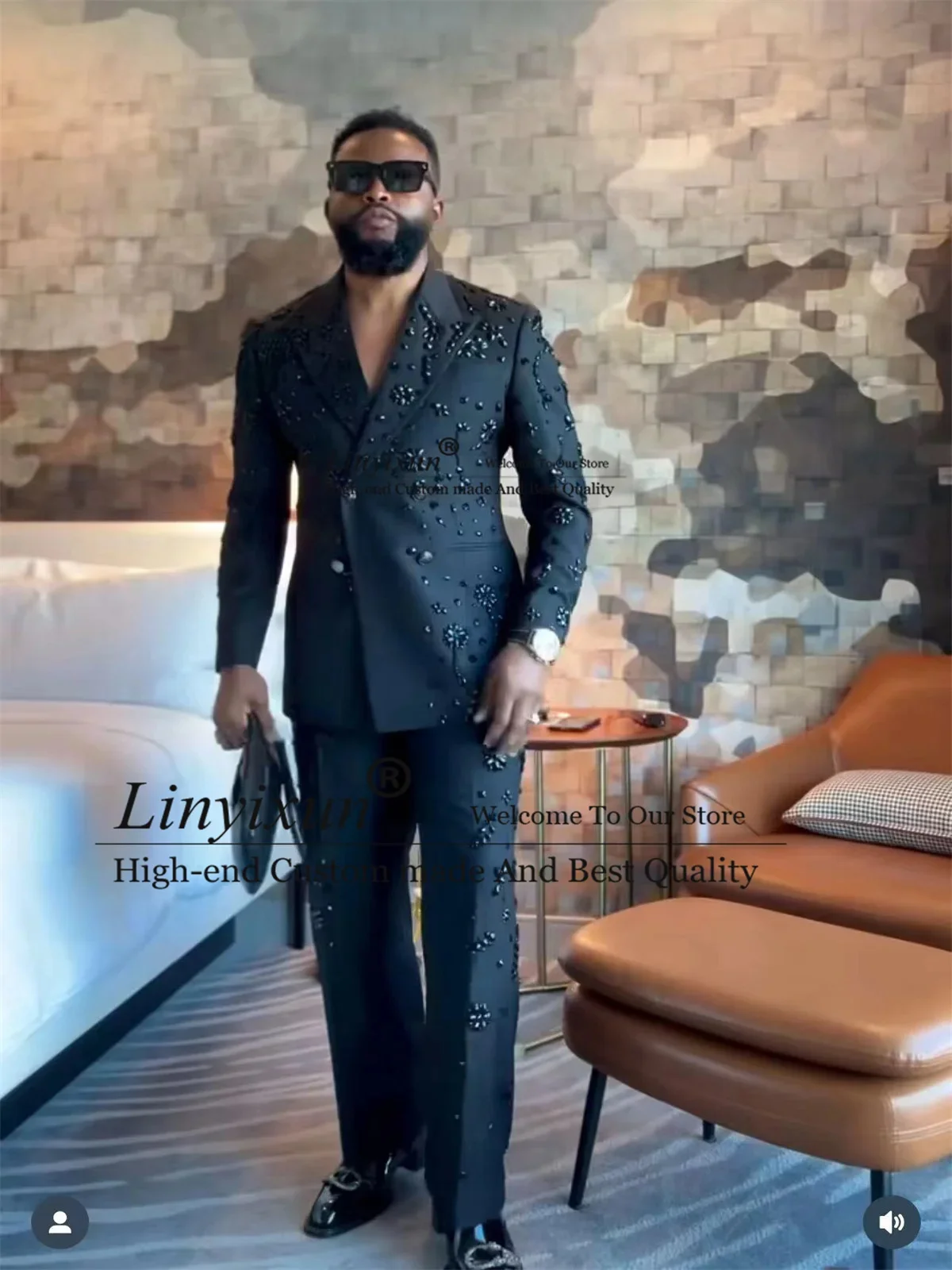 Metal Embellished Gem Tuxedo Men Suit Beads Male Prom Blazers 2 Pieces Set Wedding Groom Double Breasted Customized Ropa hombre