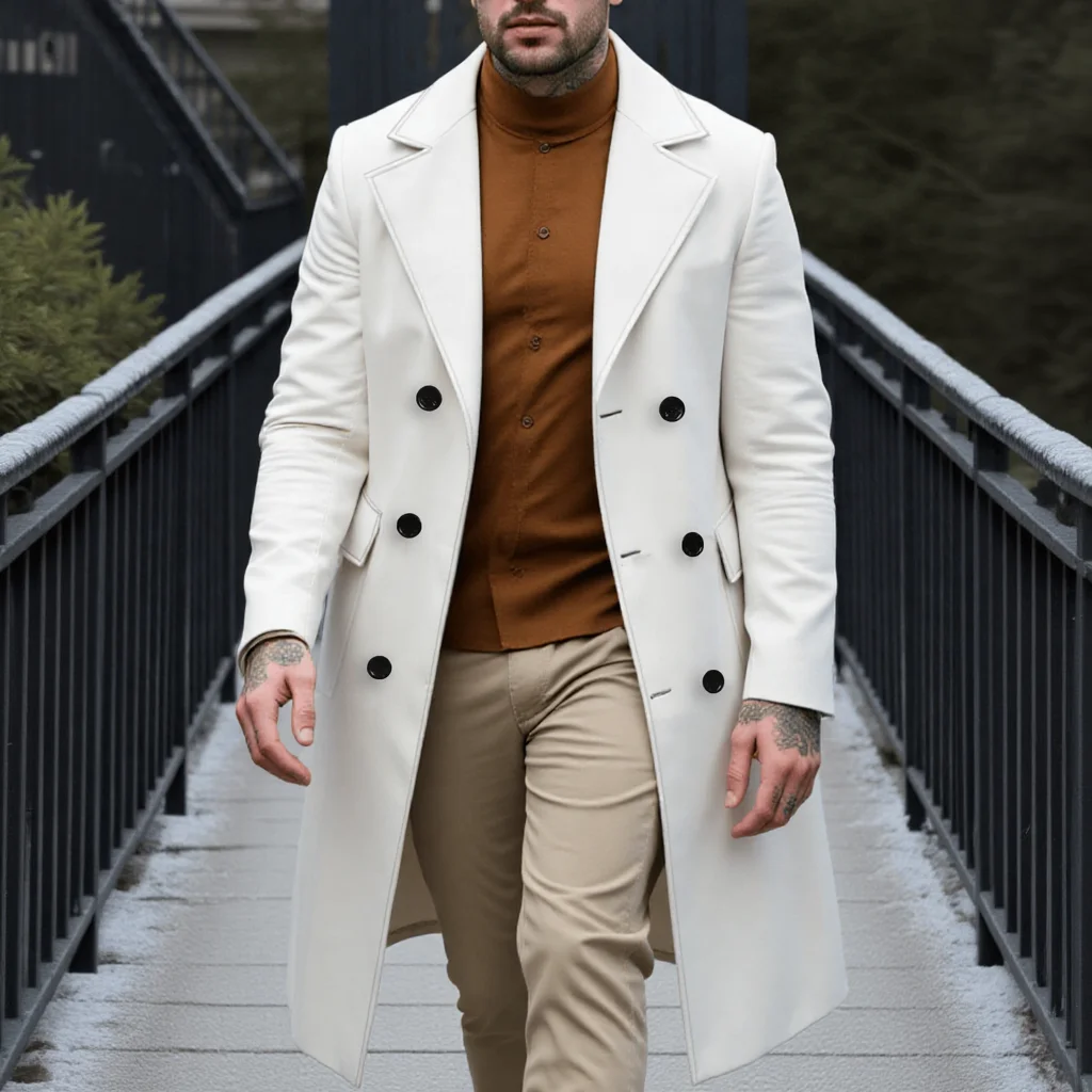 New Men's Elegant Woolen Overcoat Long Jacket For Early Autumn Warm Outdoor Street Style Commute Wear Double-Breasted